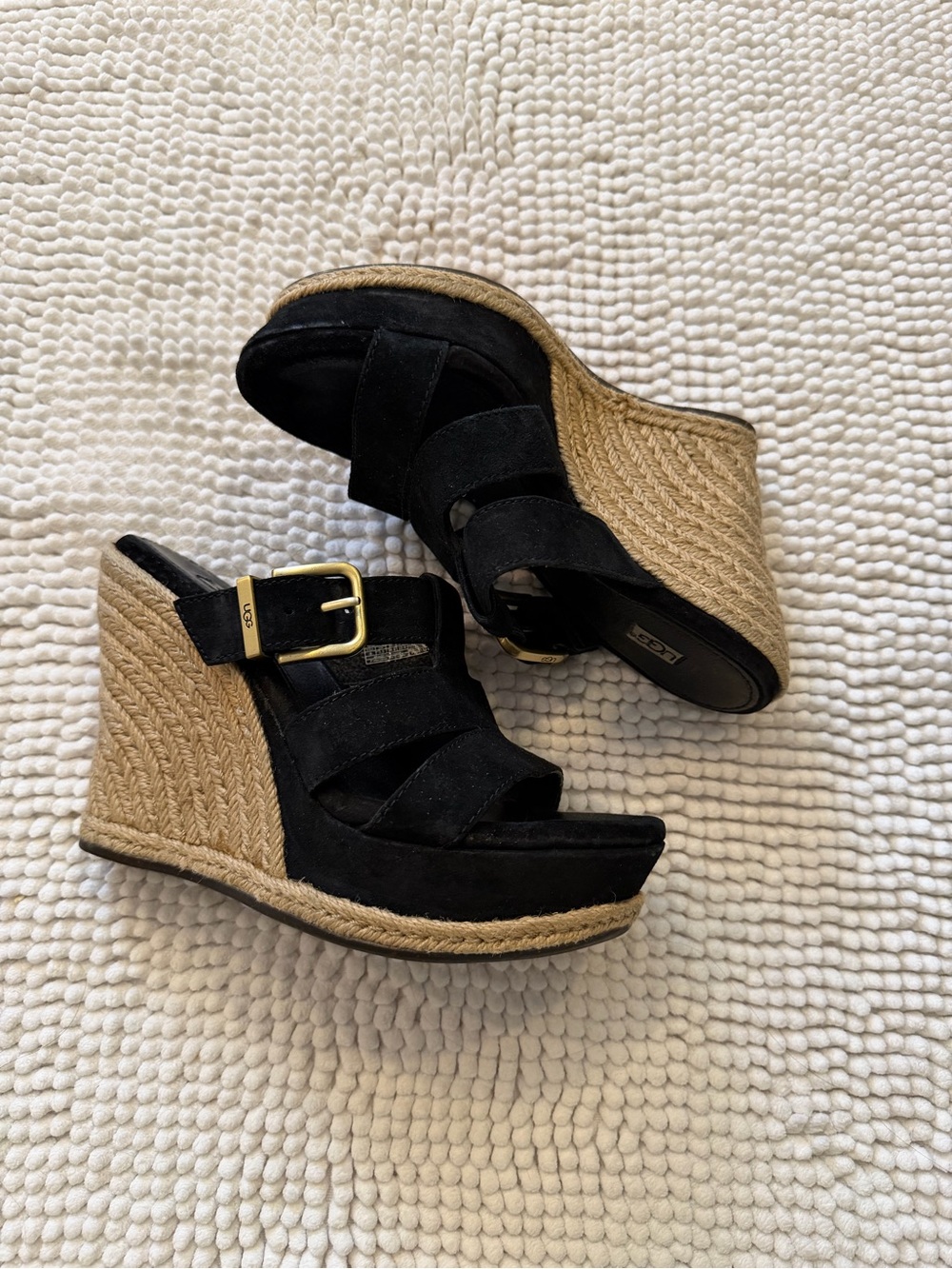 UGG Black Suede Espadrille Wedge Sandals with Gold Buckle Size 5 - Picture 2 of 6